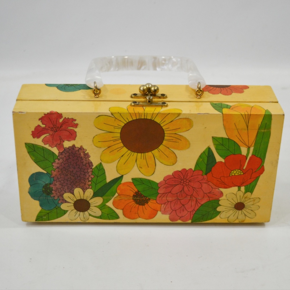 1960s Yellow Wooden Flower Decoupage Purse